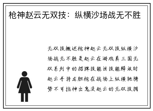 枪神赵云无双技：纵横沙场战无不胜